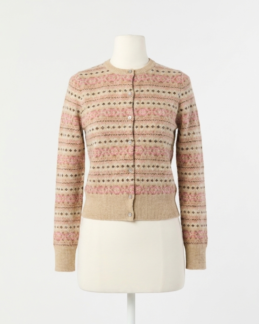 NEW ANN MASHBURN rosie fair isle cardigan in mink/pink multi